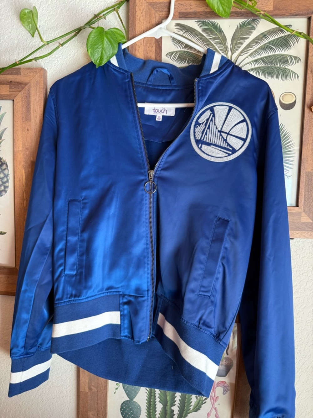 Golden State Warriors NBA Blue Satin Bomber Jacket with Team Patch WOMENS SMALL